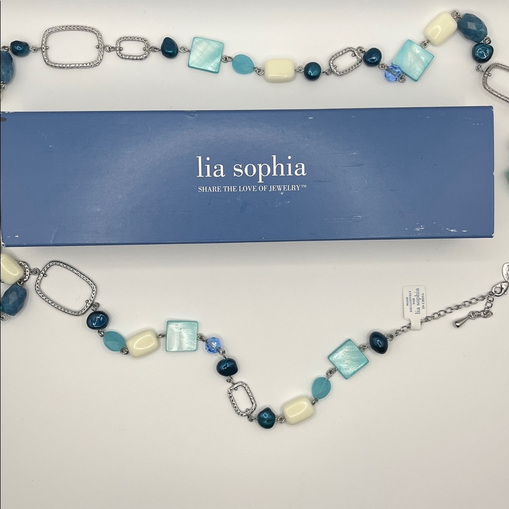 Lia Sophia Aqua and Ivory Beaded Necklace